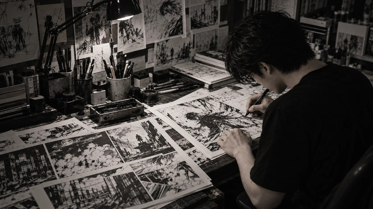 An artist inking manga pages at a desk