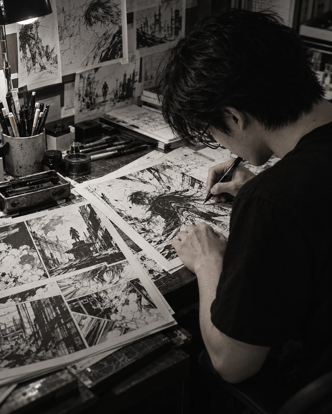 An artist inking manga pages at a desk
